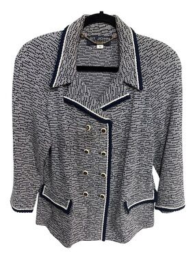 St. John Couture Navy & White Tweed Double-Breasted Blazer w SJ buttons Sz12 EUC